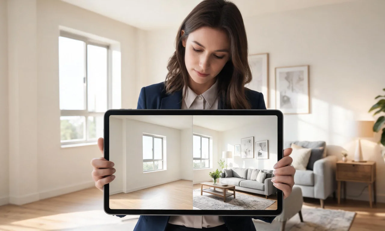 Real estate agent reviewing before-and-after staged photos on a tablet at a listing appointment.