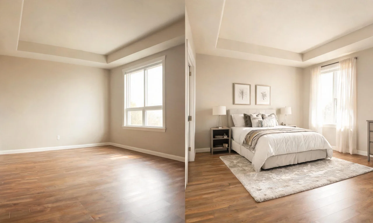 Simple before-and-after grid showing an empty bedroom transformed into a staged bedroom using AI.