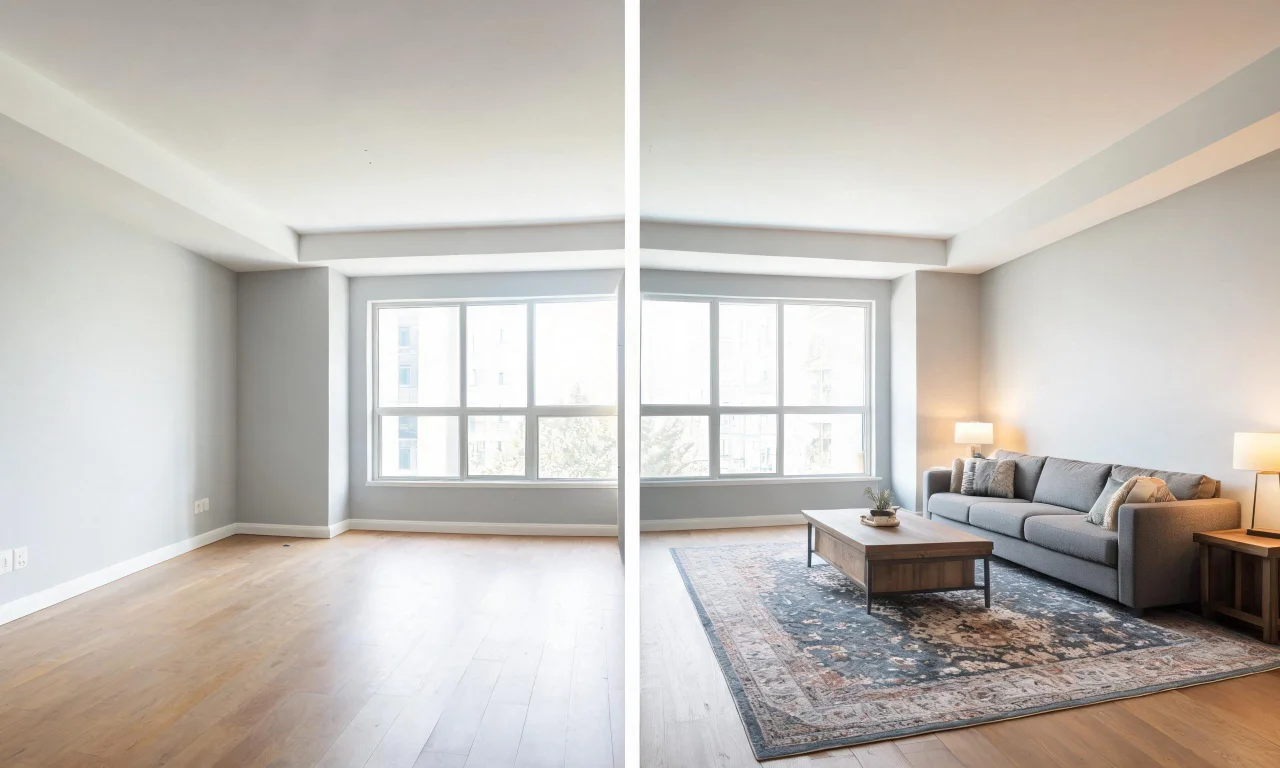Split-screen photo of a bare living room next to the same room digitally staged with a sofa, rug and lighting.