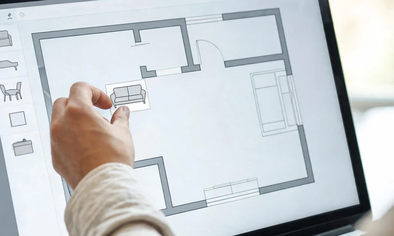A designer dragging furniture icons onto a 2D floor plan on a laptop screen.