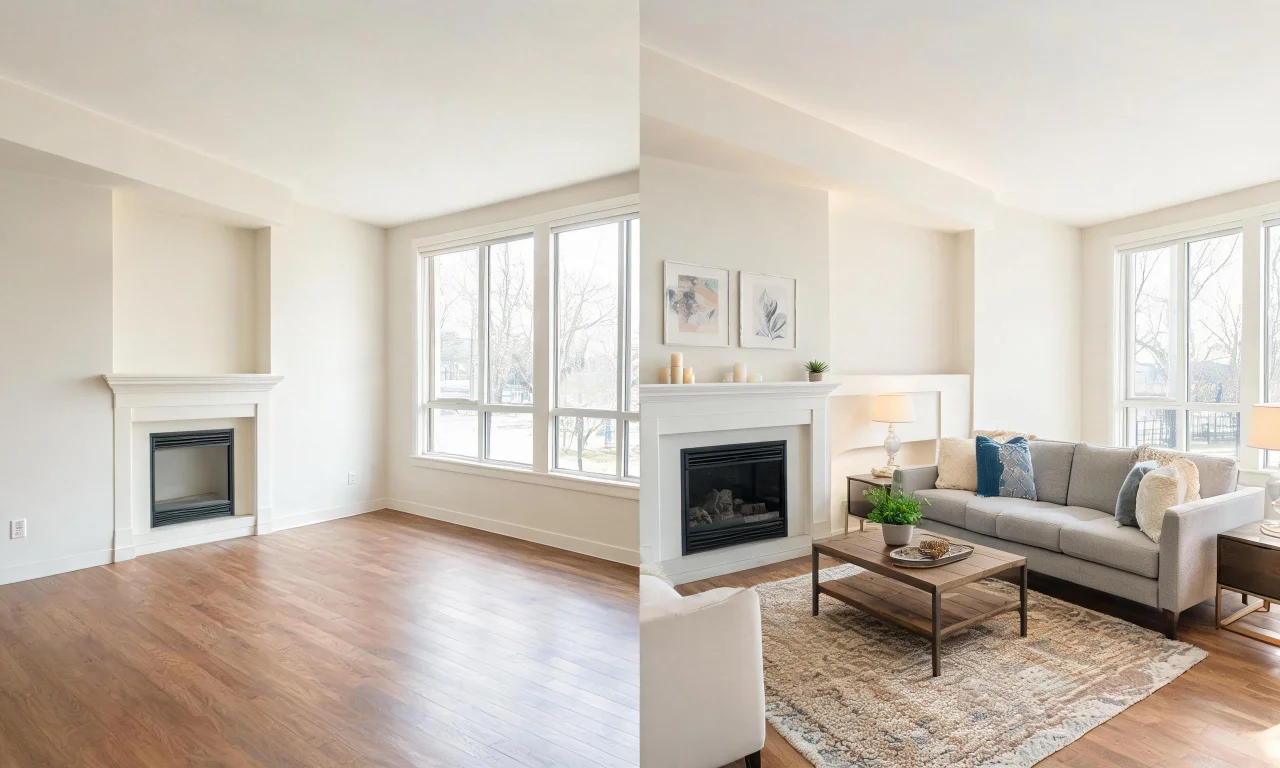 A real estate listing photo next to its AI-staged version showing furnished versus empty rooms.