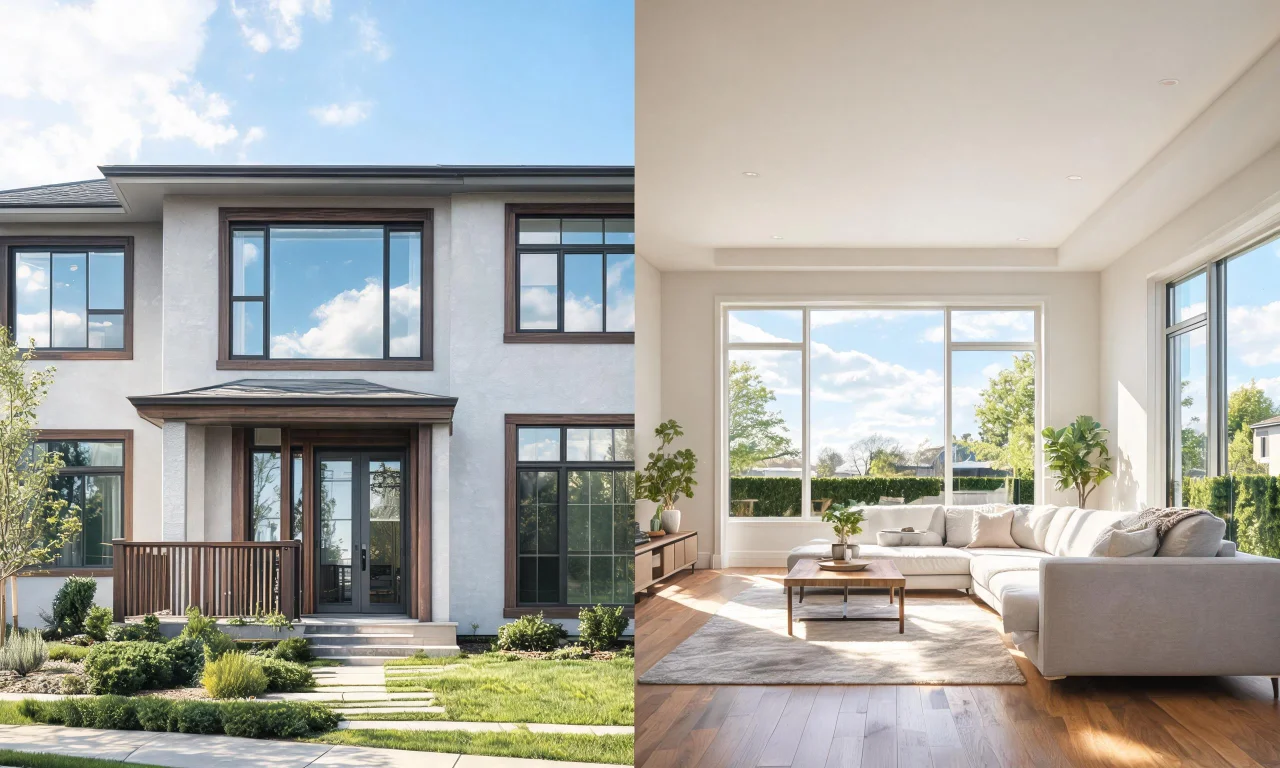 A single property shown as an exterior facade redesign and an interior room renovation side by side.