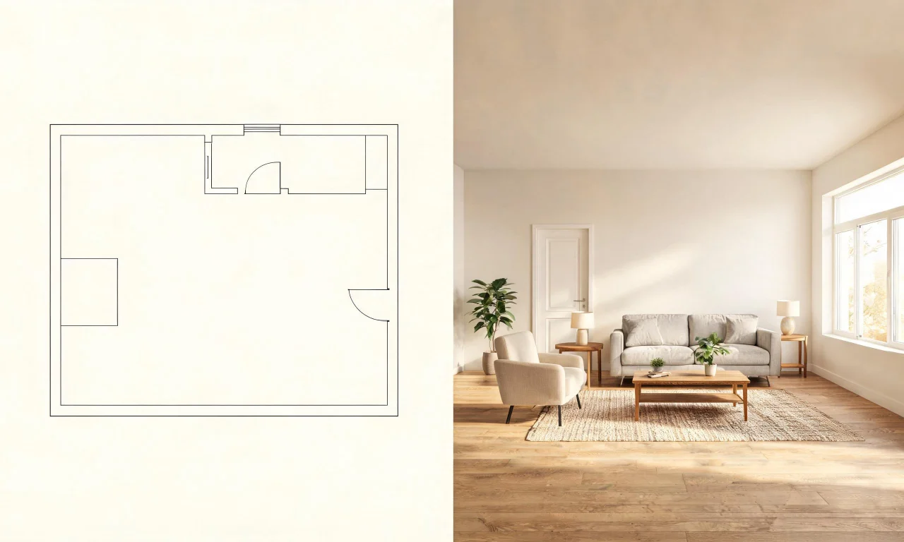 A split-screen showing a bare floor plan next to a rendered 3D room using catalog furniture.