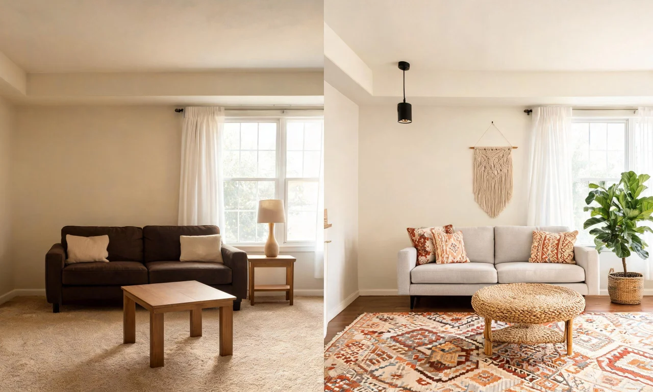 Before-and-after photos of the same living room styled in two different aesthetics.