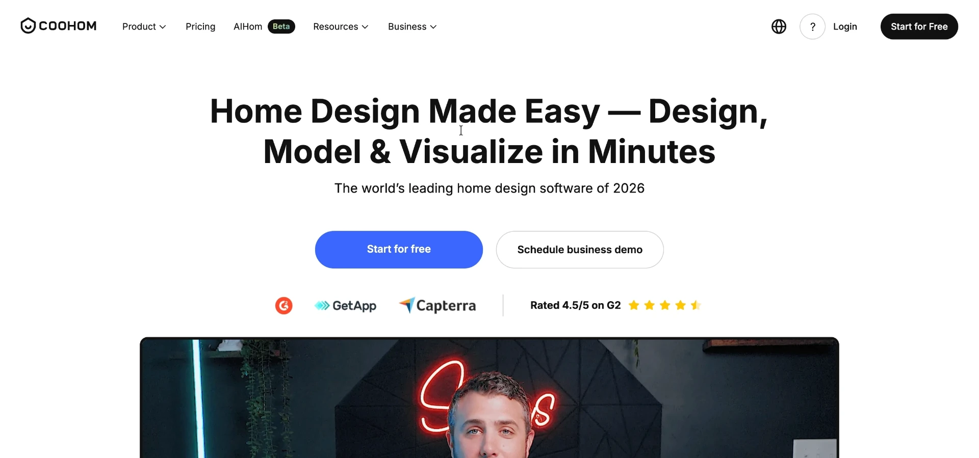 Coohom's homepage highlights its floor-plan and catalog-driven design suite, aimed more at furnishing than architectural material previews.