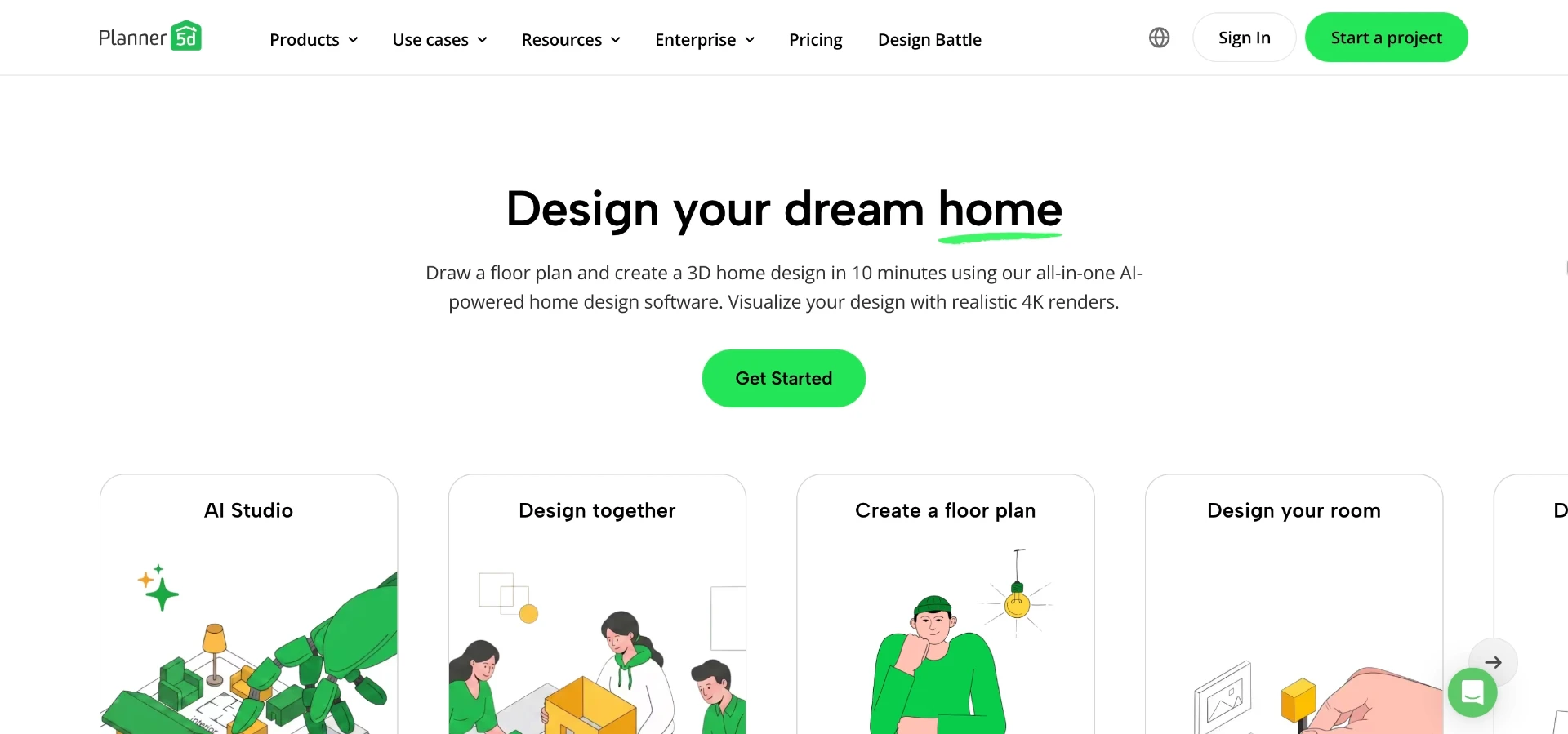 Planner 5D's interface centers on manual floor-plan building, with AI acting as a styling layer rather than a full auto-generator.