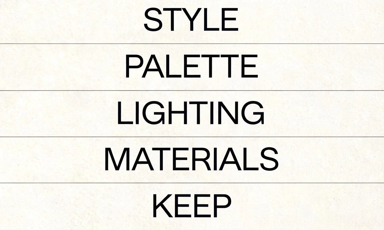 A simple card-style template listing the five prompt fields: style, palette, lighting, materials, and keep.