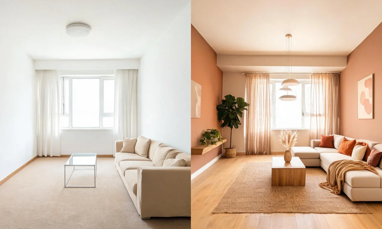 A well-lit, uncluttered living room photo shown alongside a redesigned version in a warm modern style.