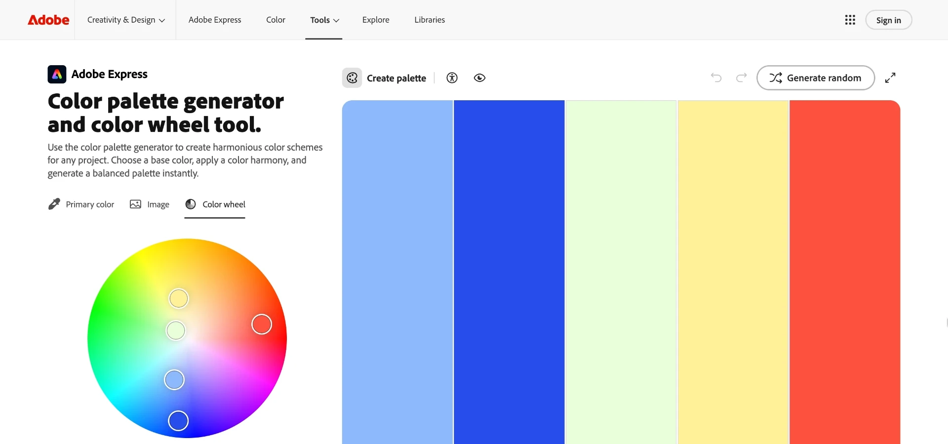 Adobe Color's wheel is a simple way to test whether two tones actually complement each other before naming them in a redesign prompt.