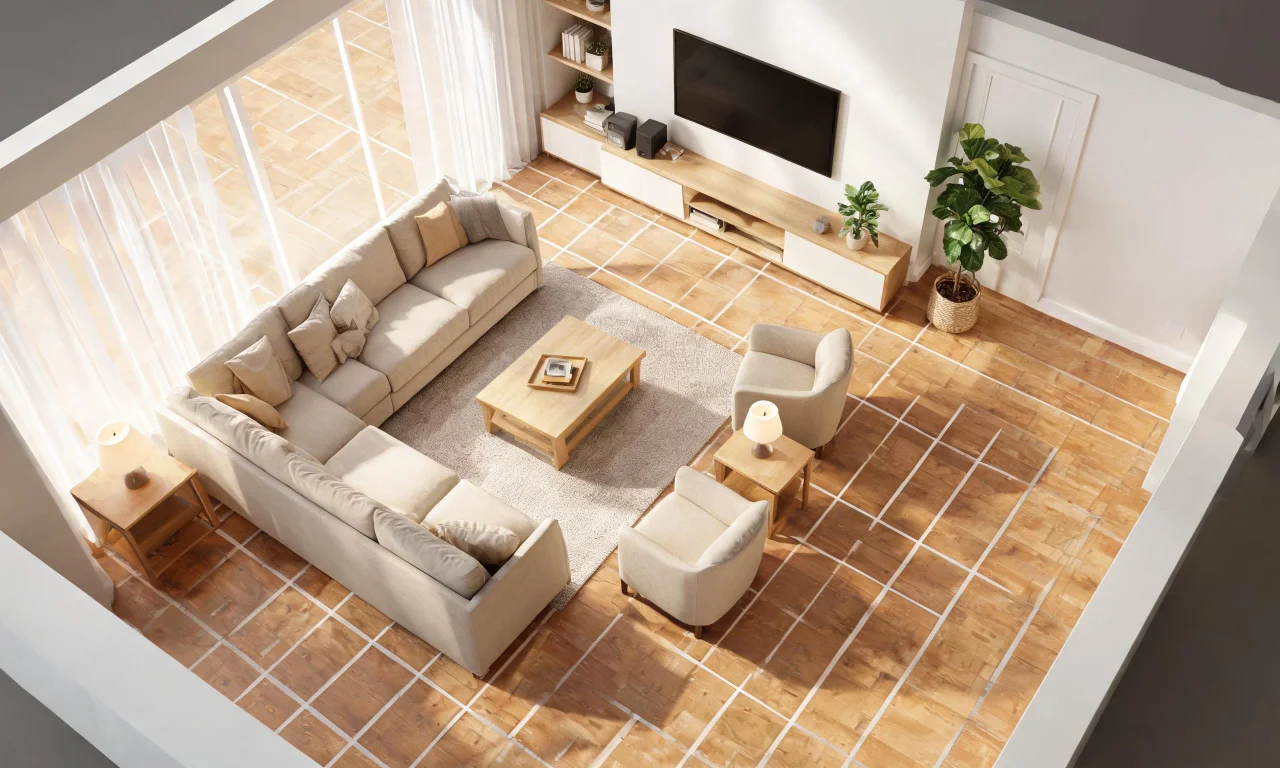 3D floor plan view of a living room layout with furniture placed on a grid.