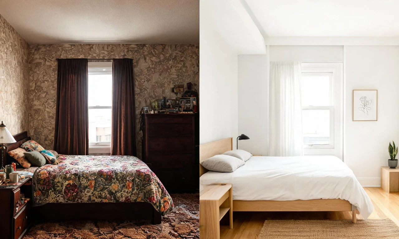 Before and after photo pair of a bedroom transformed into a Scandinavian-style interior.