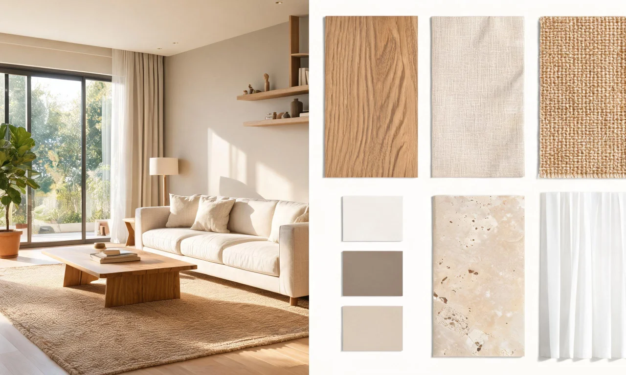 Designer presentation board showing a rendered living room alongside a mood board of materials.