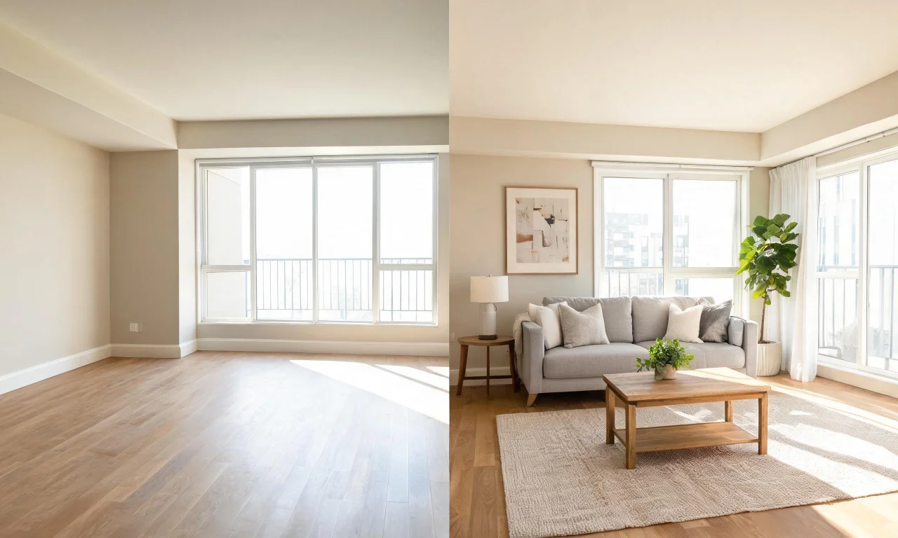 Empty living room photo next to its virtually staged version with furniture added for a listing.