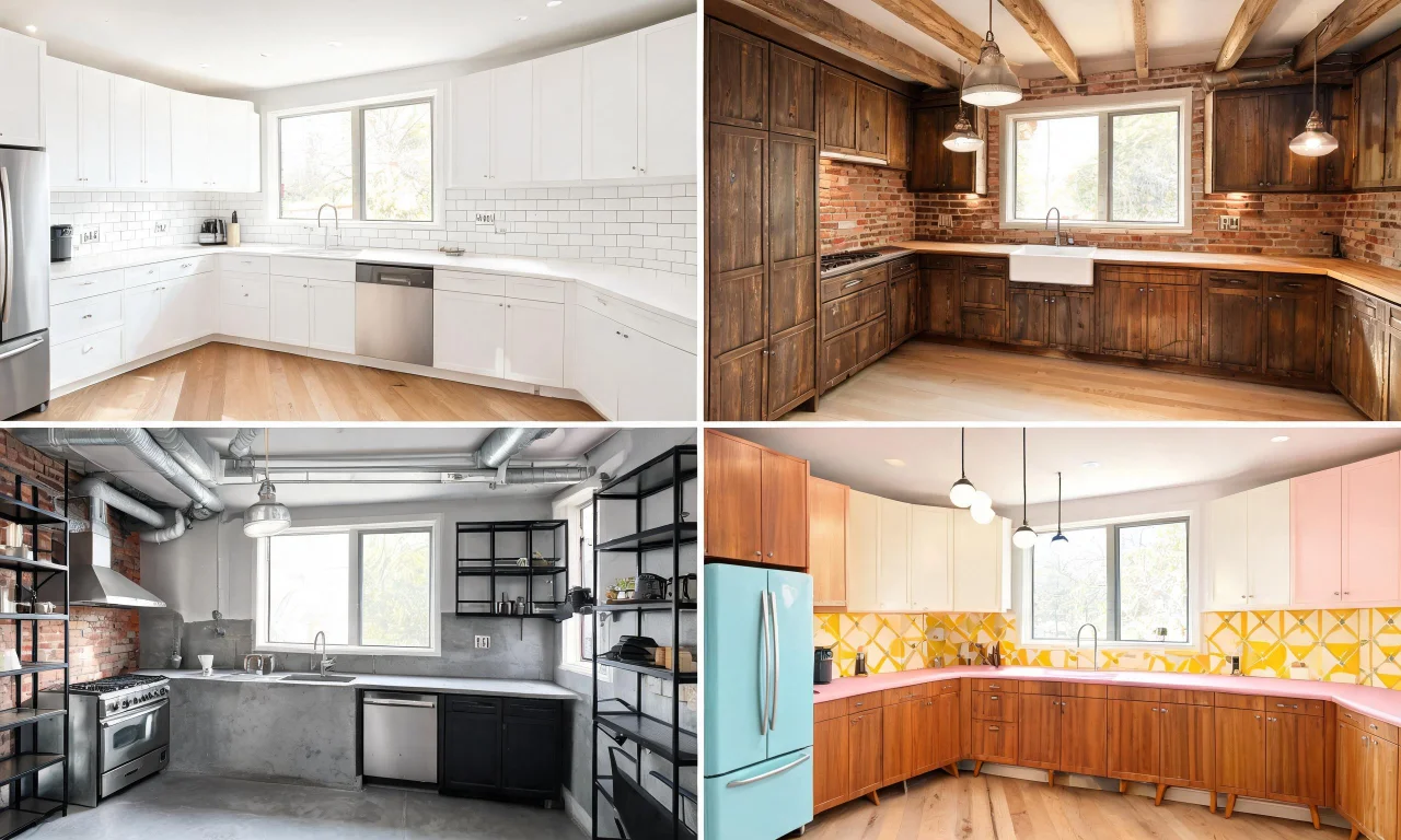 Grid of four different style variations generated from the same original kitchen photo.