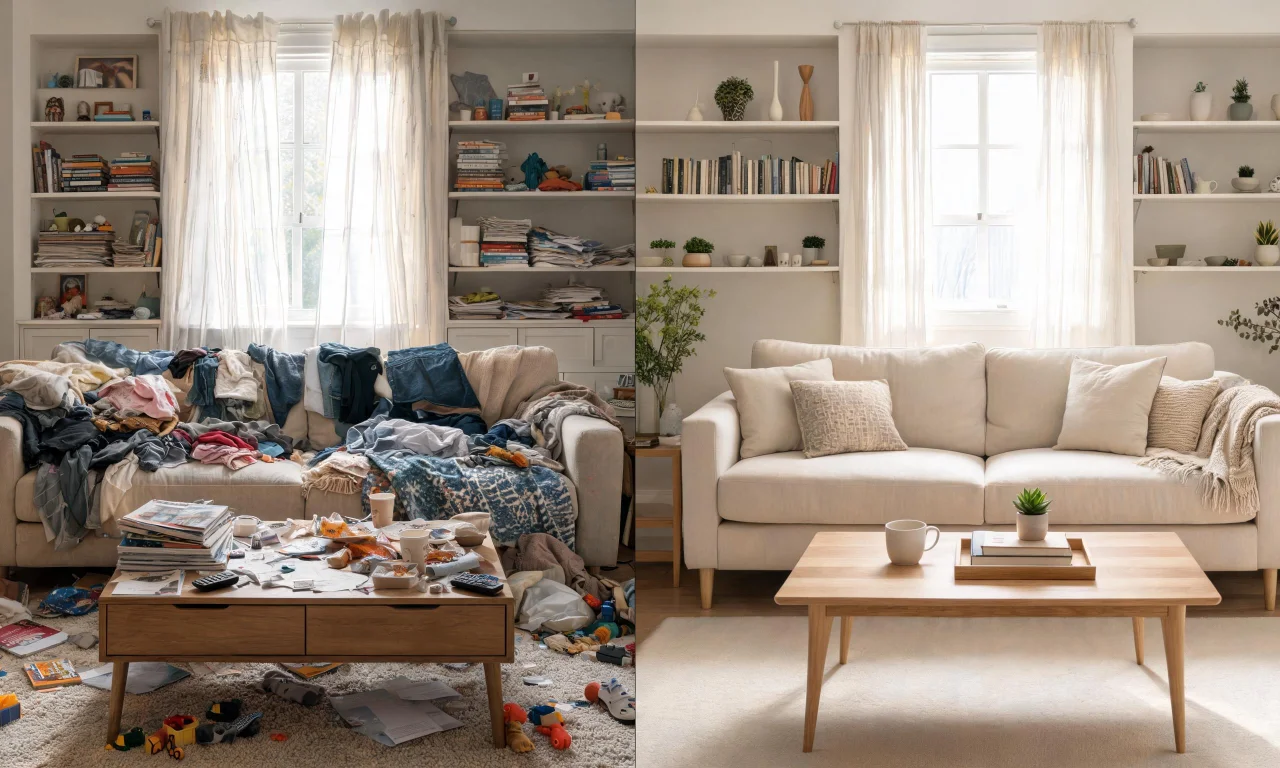 Split-screen showing a cluttered living room on the left and its AI-decluttered, restyled version on the right.