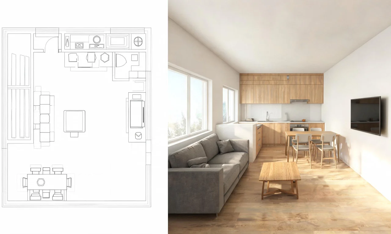 Top-down floor plan next to a matching 3D rendered view of the same room.