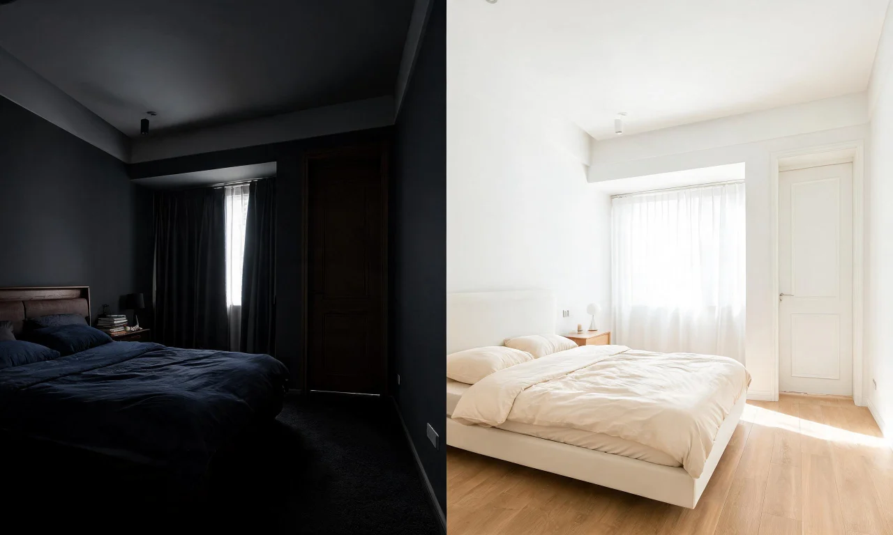 Before-and-after comparison of a small bedroom, showing a dark original layout next to a brighter redesign with a lower-profile bed.