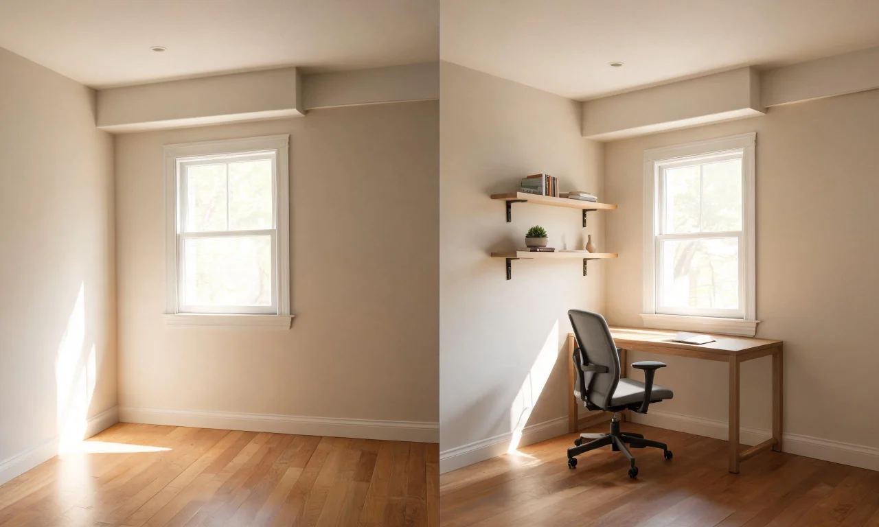 Before-and-after image of an empty home office nook furnished with a slim desk, chair and wall shelving.