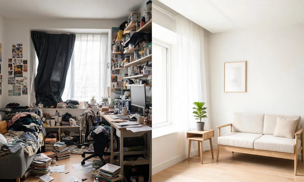Before-and-after split image of a small studio living corner, cluttered on the left and a light, minimalist Scandinavian redesign on the right.