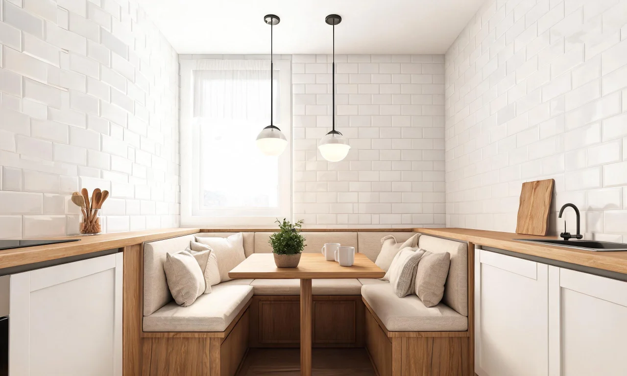 A narrow kitchen nook styled with a built-in bench and pendant lighting, showing how corner seating can work in tight spaces.