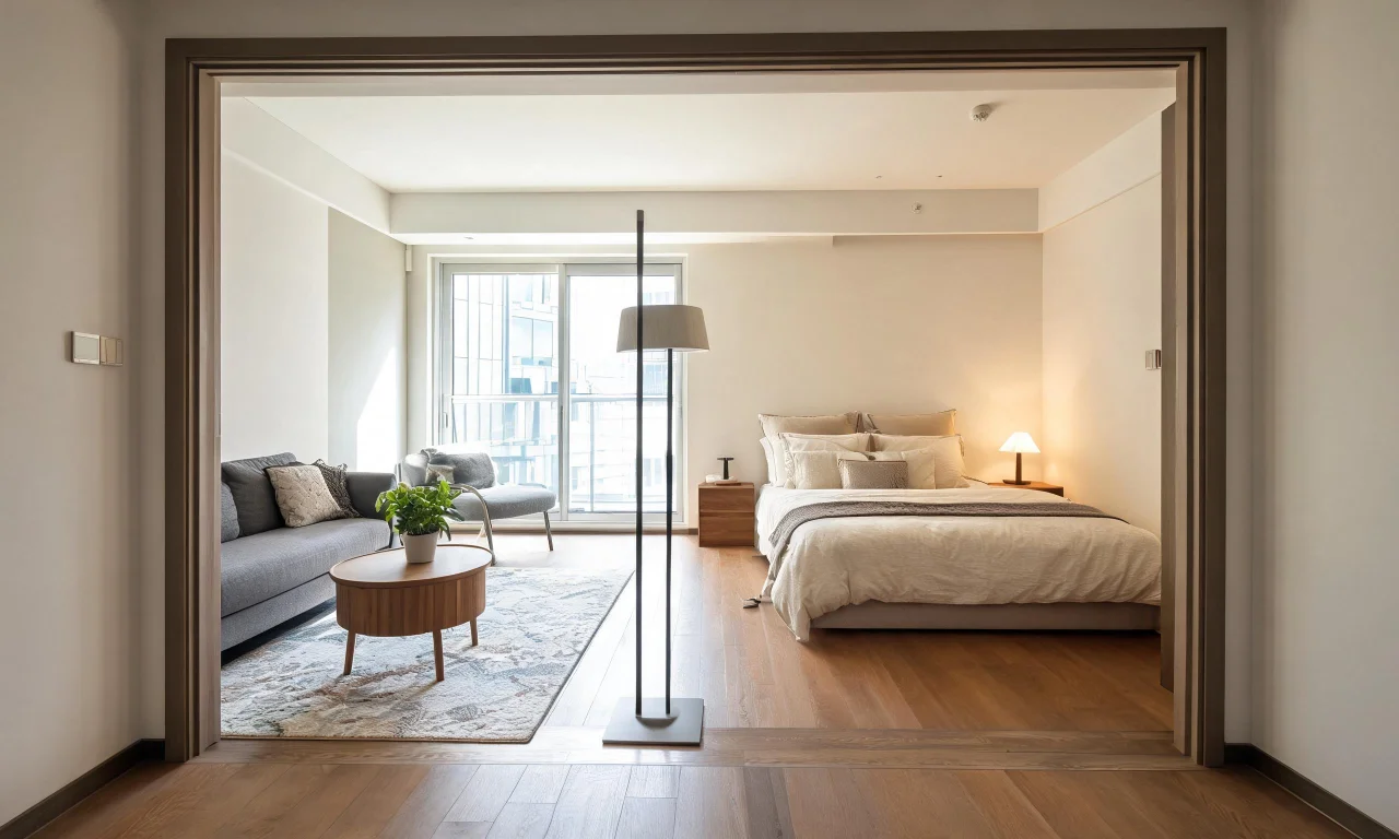 A studio apartment photographed from the doorway, showing sleeping and living zones divided by a rug and floor lamp.