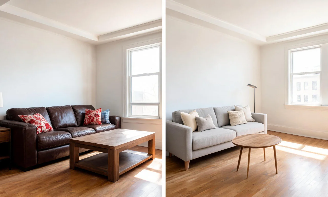 Side-by-side comparison of the same small living room in two different furniture styles, illustrating how testing before buying reveals the better option.