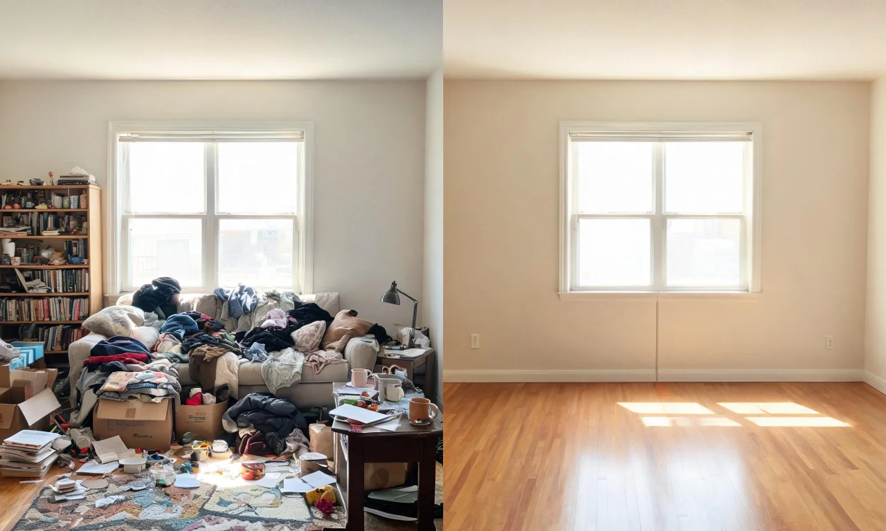 Before-and-after style comparison of a cluttered indoor room being cleared using the Empty Room Generator.