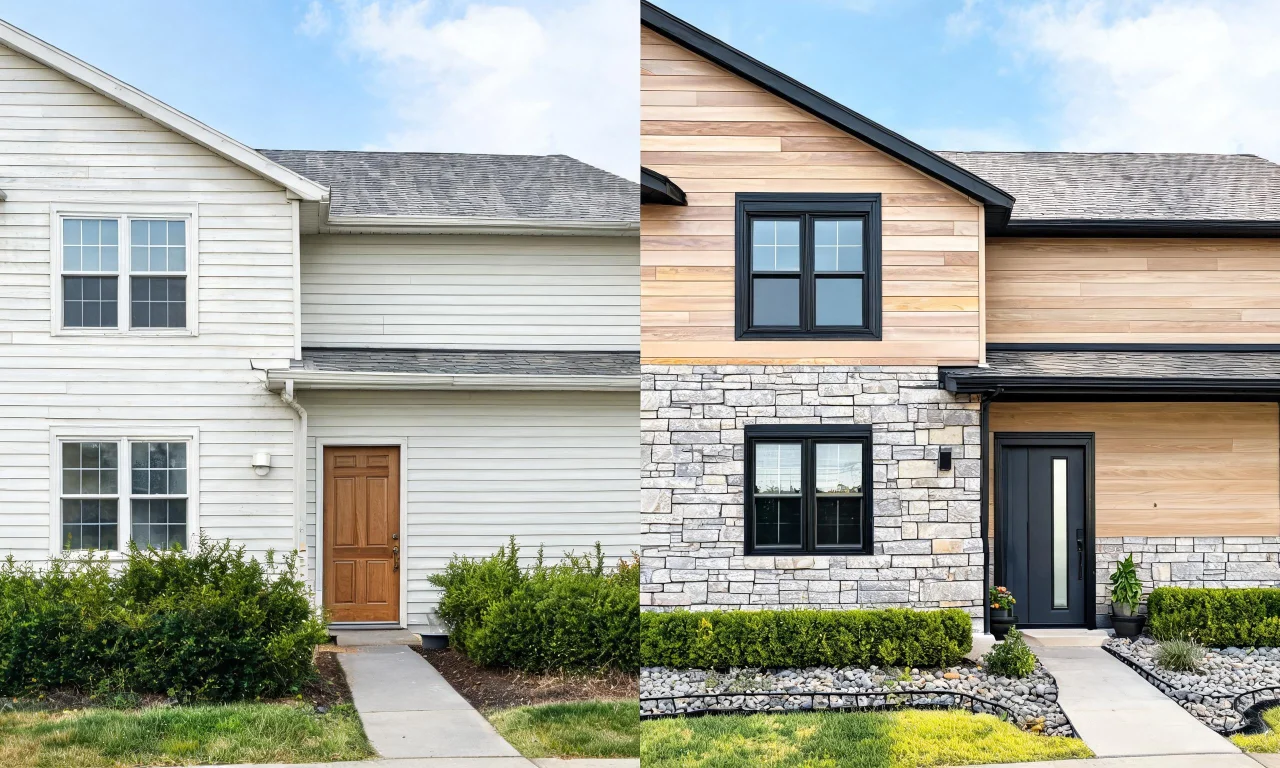 A house facade shown before and after an AI-generated exterior redesign using vividoo.