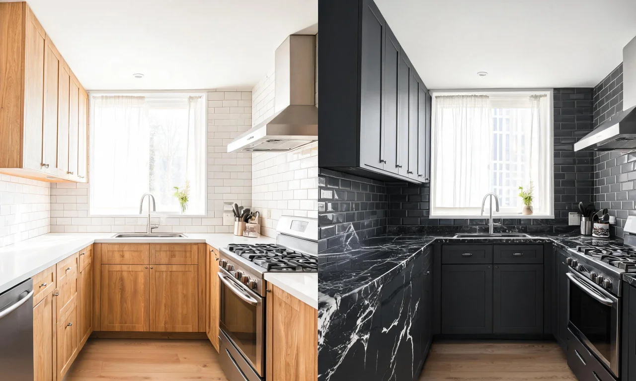 A kitchen photo showing different countertop and cabinet finish options previewed through vividoo's AI Room Renovation tool.