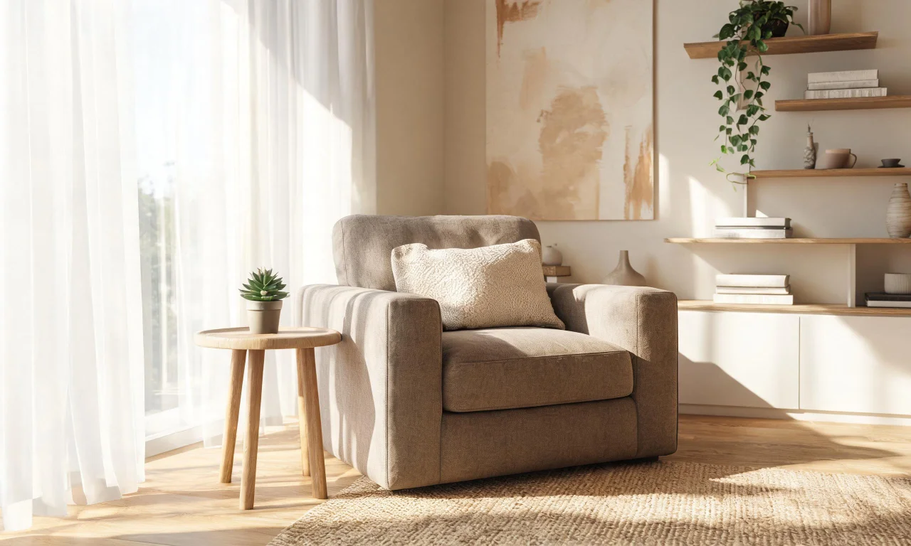 A living room photo with an armchair being digitally replaced using vividoo's AI Add or Replace Furniture tool.
