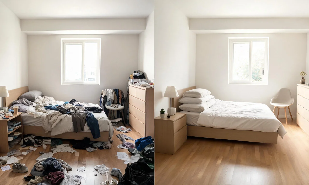 Before-and-after image of a cluttered bedroom transformed into a tidy, decluttered space using vividoo.
