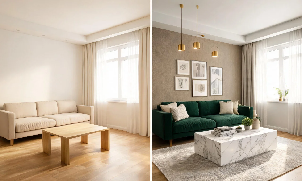 Split-screen showing a furnished living room before and after an AI-generated style transformation using vividoo.