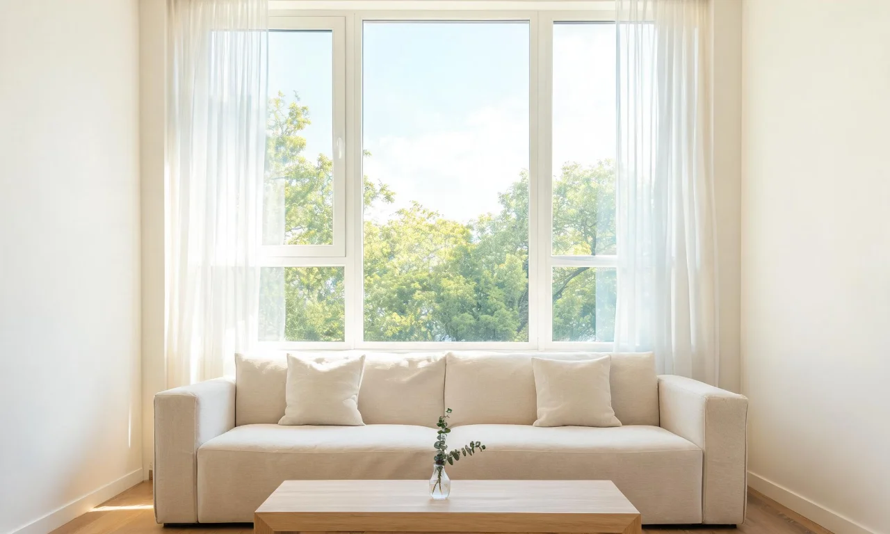 A bright living room with cream walls, a low linen sofa and a single wood coffee table.