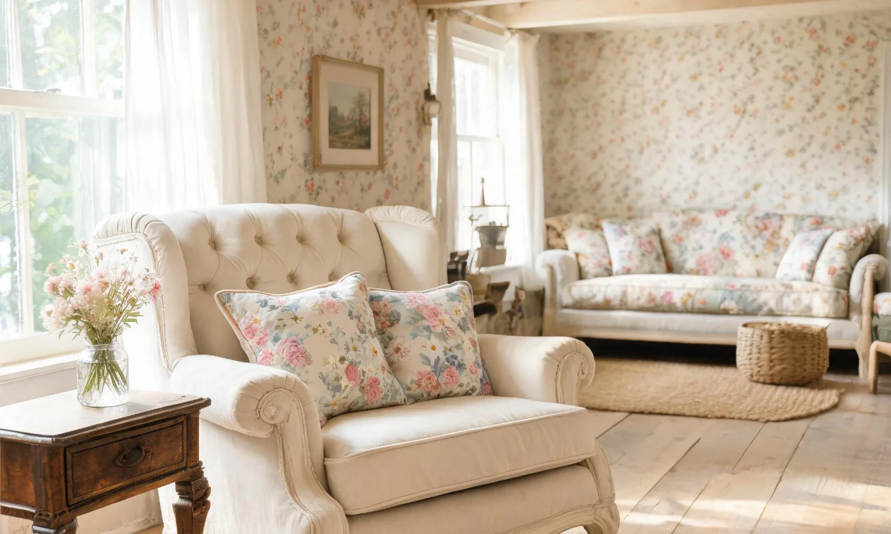 A cottage-style living room with floral cushions, a vintage armchair and an antique wooden side table.