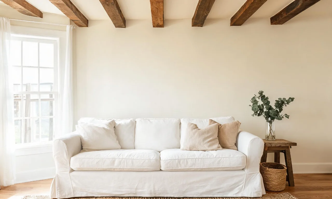 A farmhouse living room with a white slipcovered sofa, wood beam ceiling and a woven jute rug.