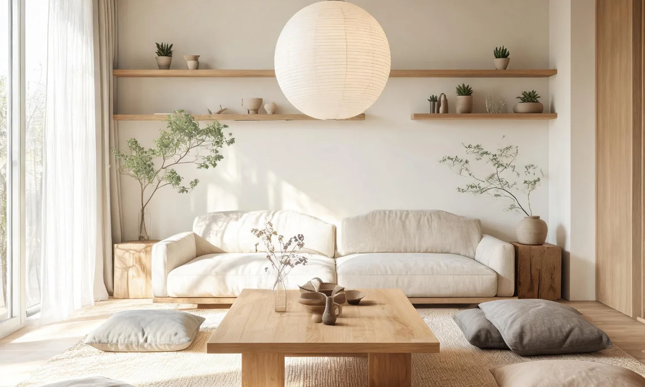 A Japandi living room with a low wooden coffee table, floor cushions and a paper pendant lamp.