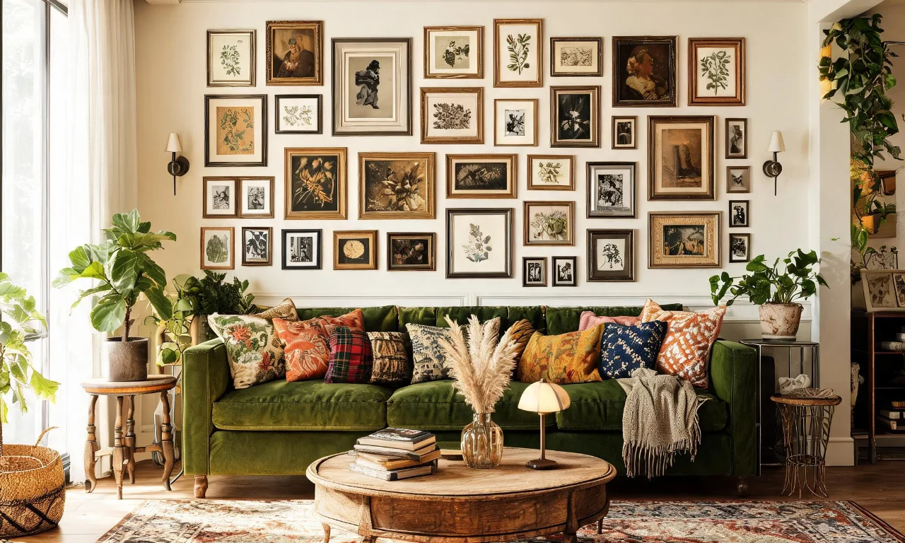 A maximalist living room with a mixed gallery wall, patterned cushions and layered vintage furniture.