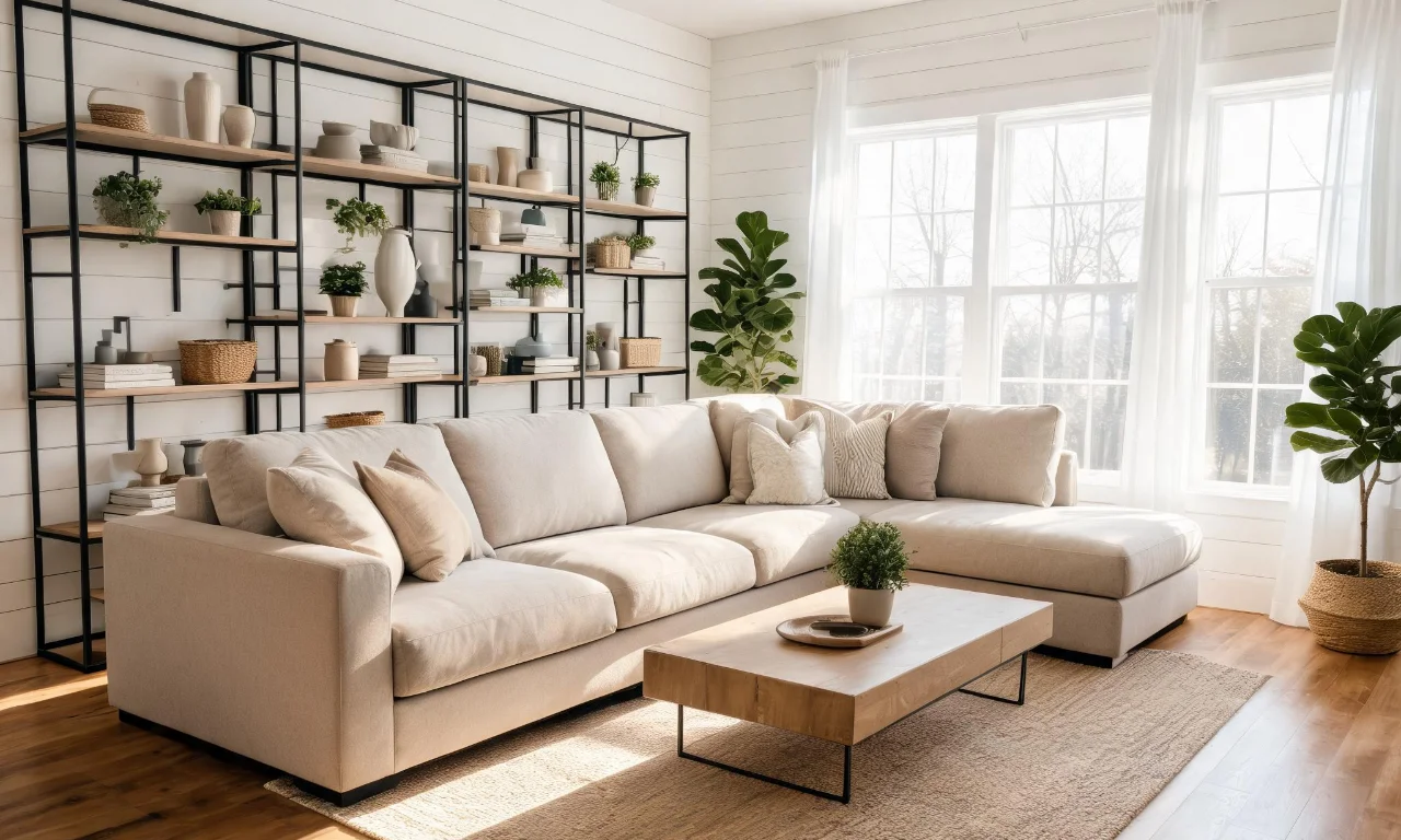 A modern farmhouse living room with a neutral sectional, black metal shelving and warm wood flooring.