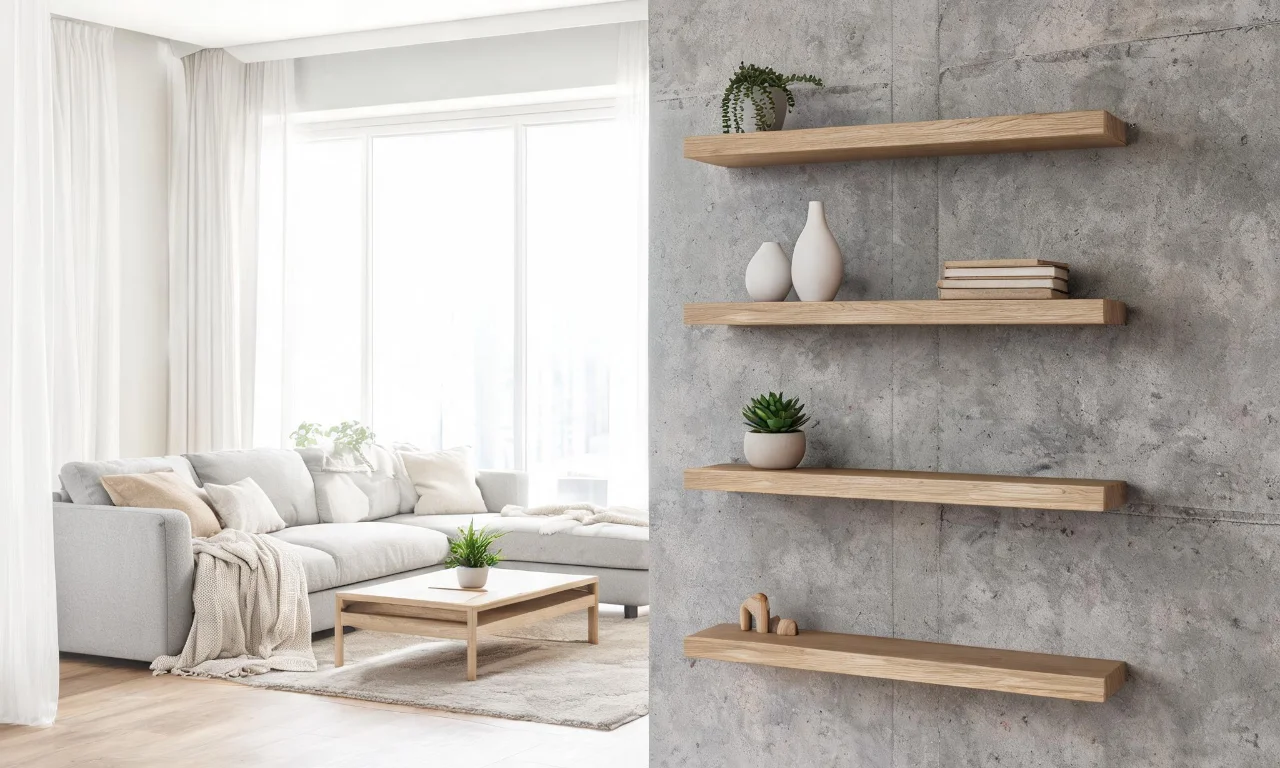 A Scandi-urban living room with light wood shelving beside a concrete-textured accent wall.