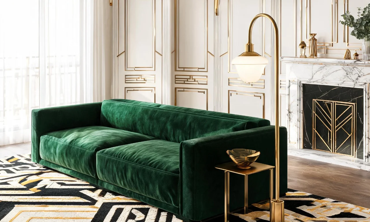 An art deco living room with a emerald velvet sofa, brass floor lamp and geometric patterned rug.