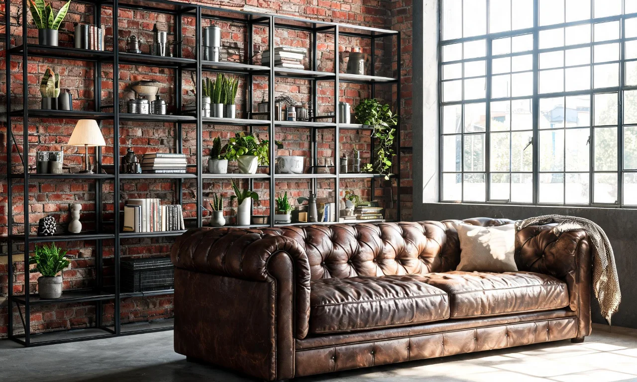 An industrial loft living room with exposed brick, black steel shelving and a brown leather sofa.