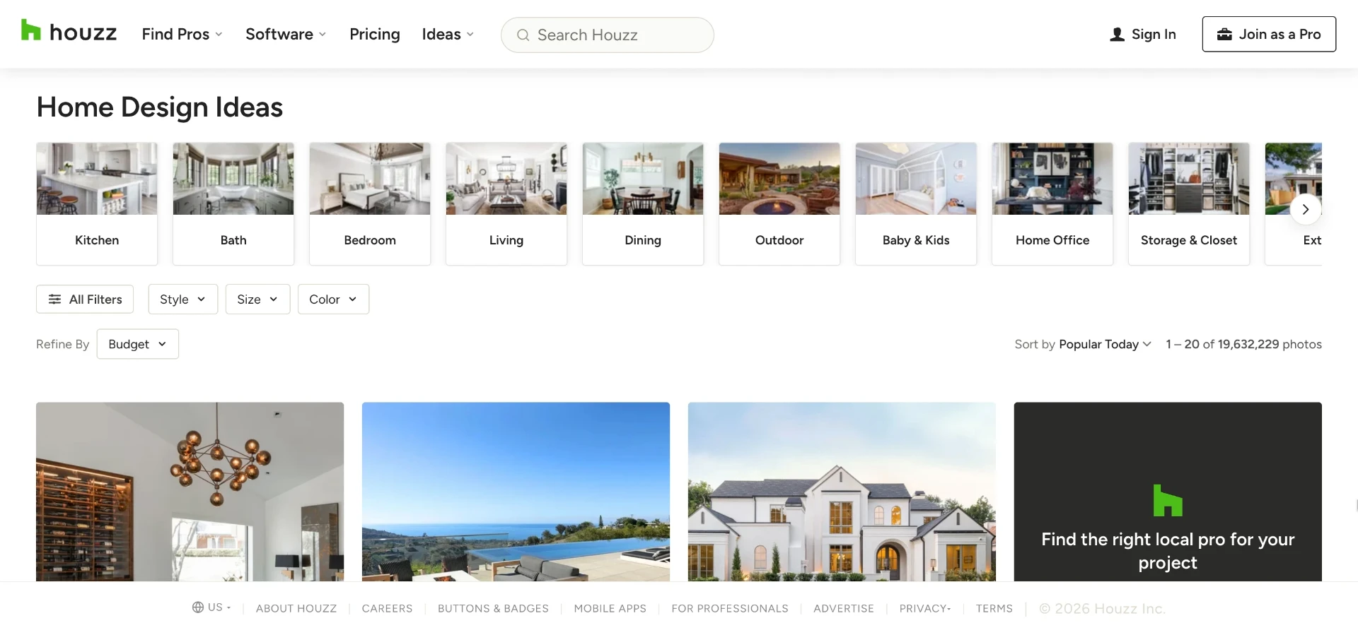 Houzz's living room gallery groups photos by style, useful for narrowing down a farmhouse look before you generate your own preview.