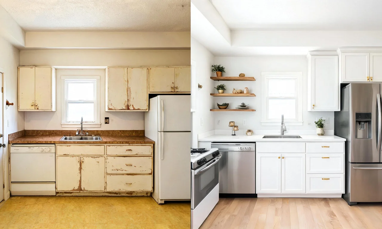 Split-screen photo showing a flip's kitchen before and after a digital finish preview.