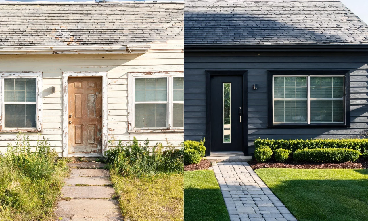 Street-view photo of a flip house facade compared before and after an exterior style preview.
