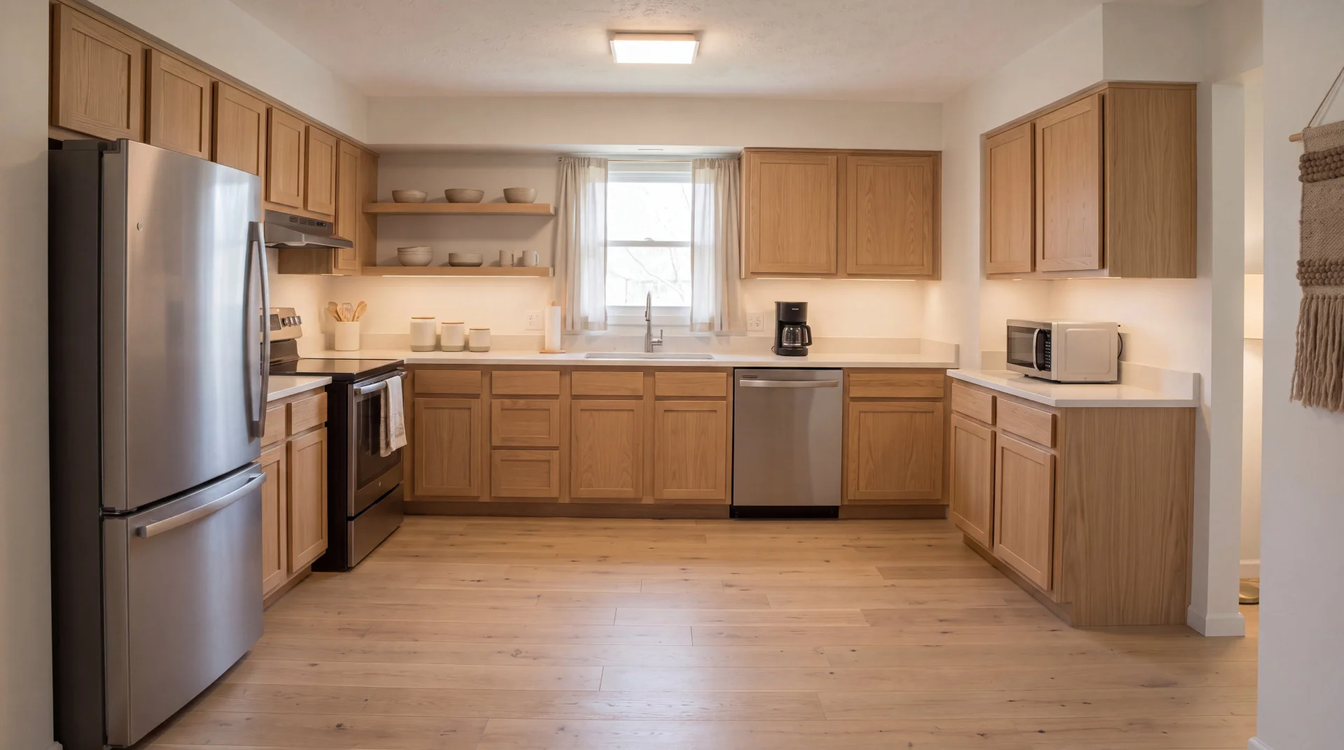 Bright modern kitchen with light oak cabinets, white quartz countertops, and light wood flooring.