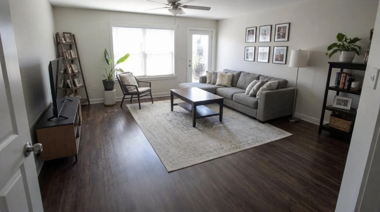 Clean, organized living room with a grey sectional sofa, a wooden coffee table on a light area rug, dark wood flooring, and framed wall art.