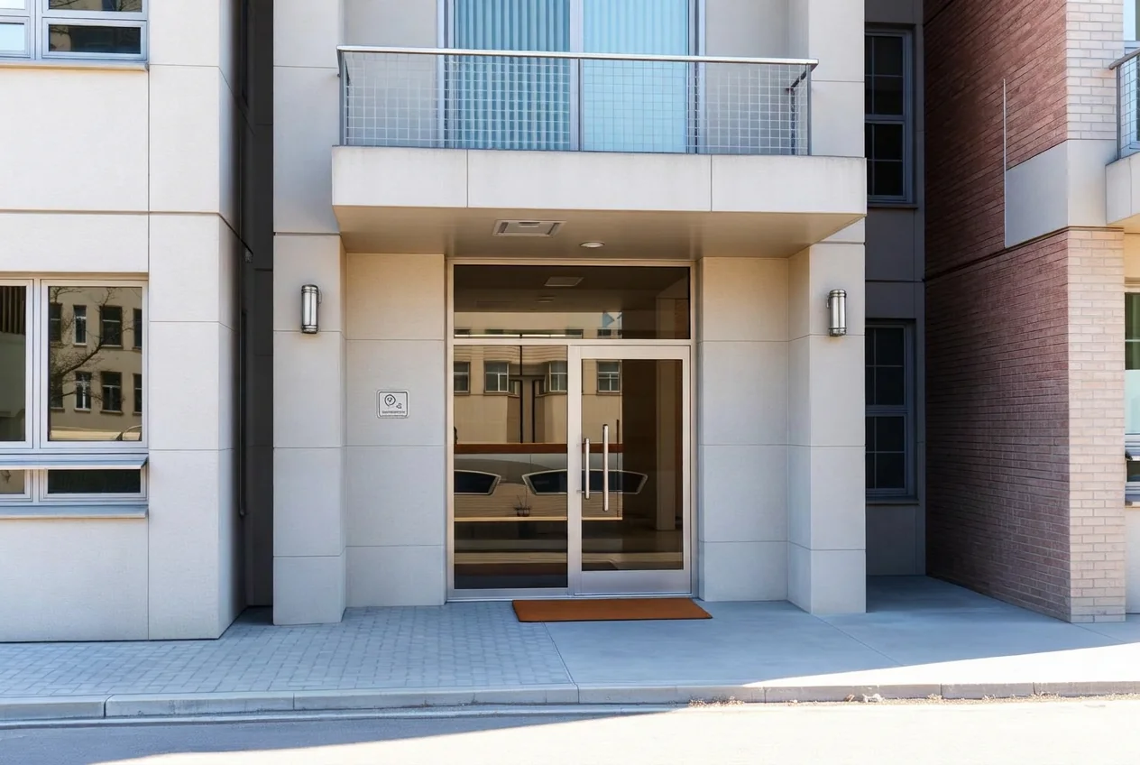 Clean apartment block entrance with the moped, bins and pallets removed after AI Clear Exterior Space