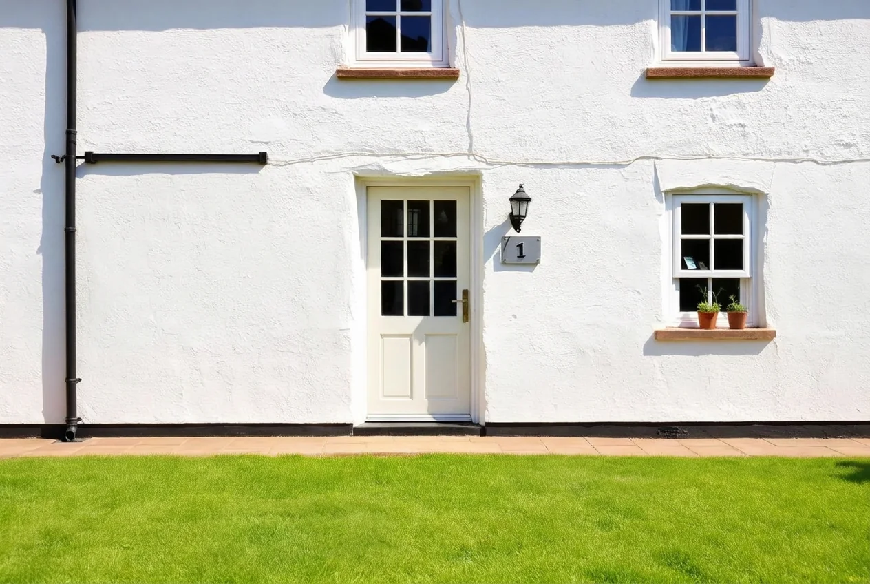Clean cottage wall and unbroken lawn with the tools removed after AI Clear Exterior Space