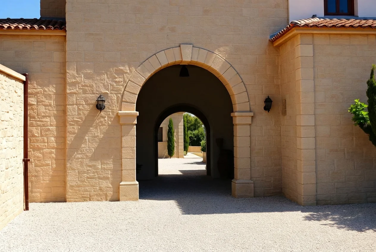 Clear stone archway courtyard with the SUV and chairs removed after AI Clear Exterior Space