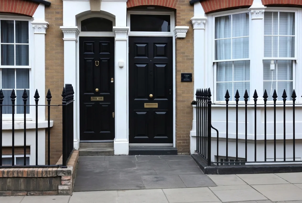 Clear townhouse frontage with railings and paving rebuilt after AI Clear Exterior Space